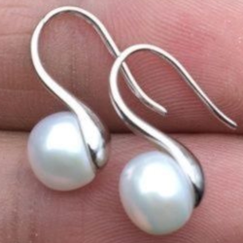 Genuine Pearl 925 Sterling Silver Shoe Cup Drop Earrings Bridal Coquette - Picture 3 of 7